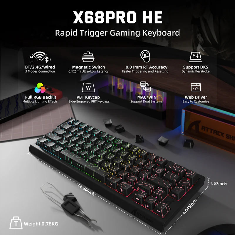 ATTACK SHARK X68PRO HE Wireless Rapid Trigger Keyboard Magnetic Switch