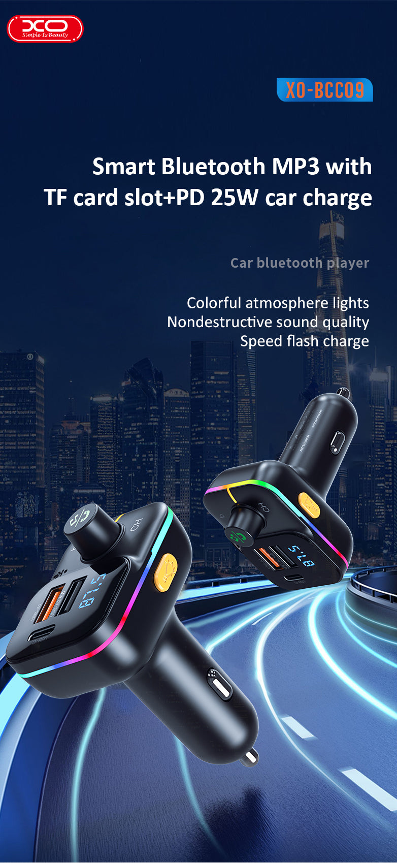 XO transmitter FM BCC09 Bluetooth MP3 car charger 25W black