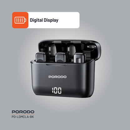 Porodo Lavalier Double Microphone with Charging Case - Black