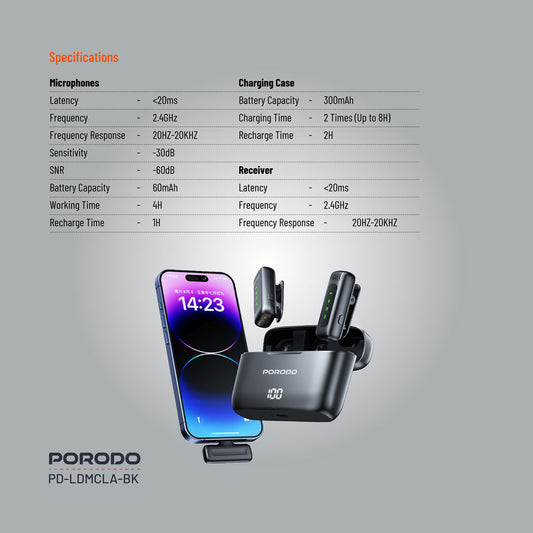 Porodo Lavalier Double Microphone with Charging Case - Black