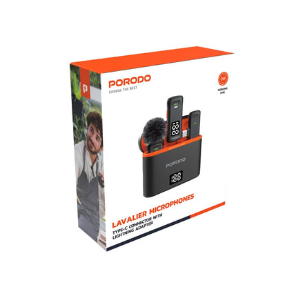 Porodo Lavalier Microphones Type-C Connector with Lightning Adapter - Black